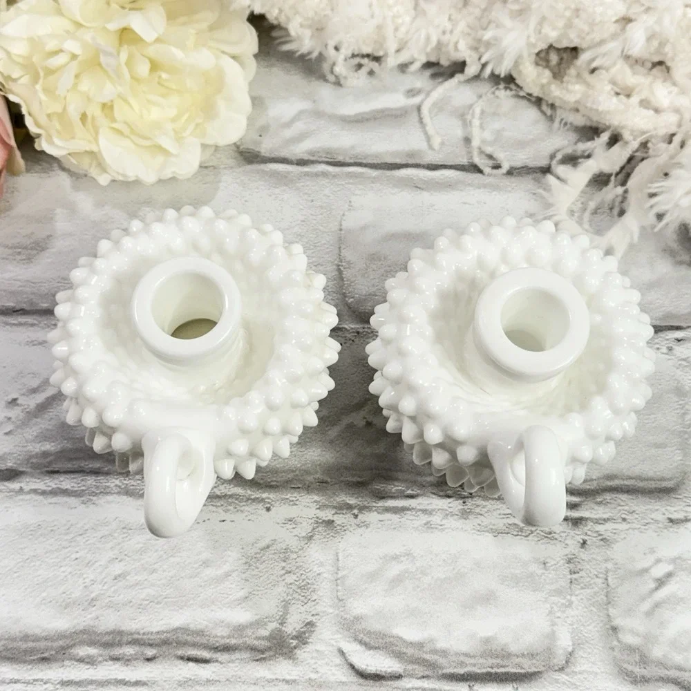 Vtg Fenton Hobnail White Milk Glass Single Finger Loop Handle Candle‎ Holder Set